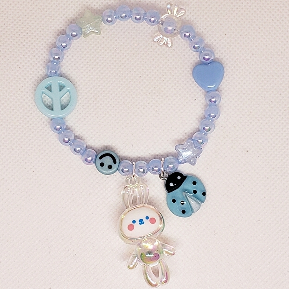 Handmade beaded blue kawaii bunny ladybug bracelet